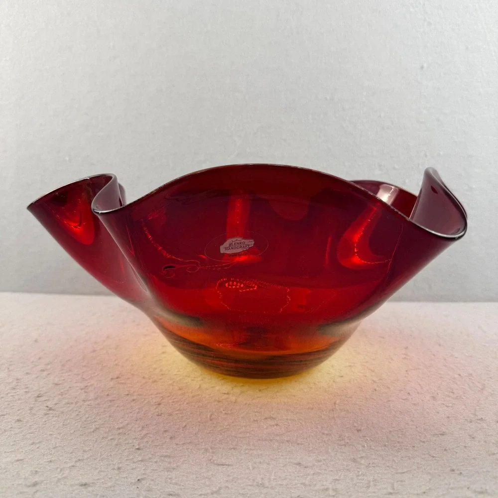 Blenko Tangerine Glass Ruffled Bowl Signed Richard Blenko Retro‎ 2002 MCM